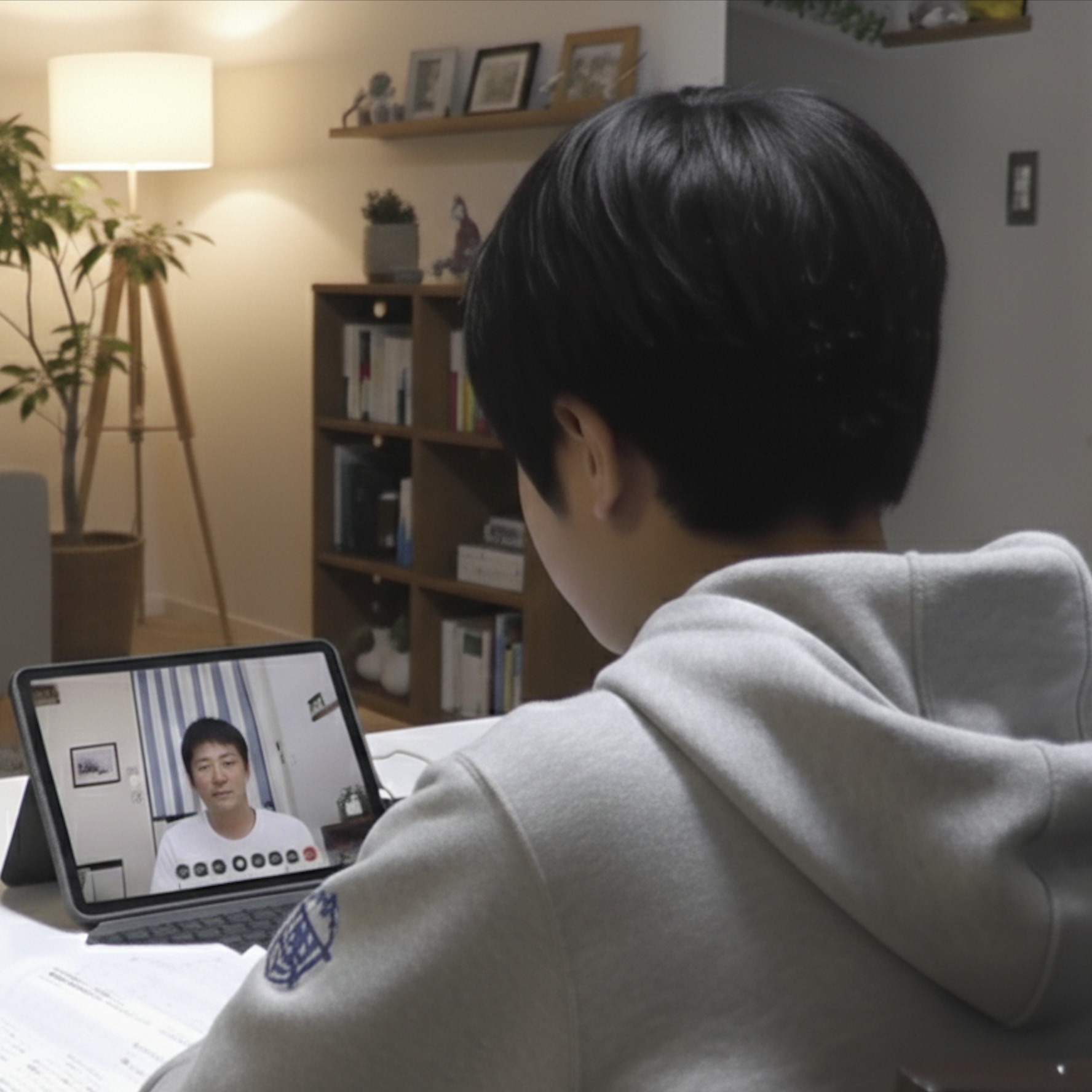 リビングでオンライン授業を受ける男の子