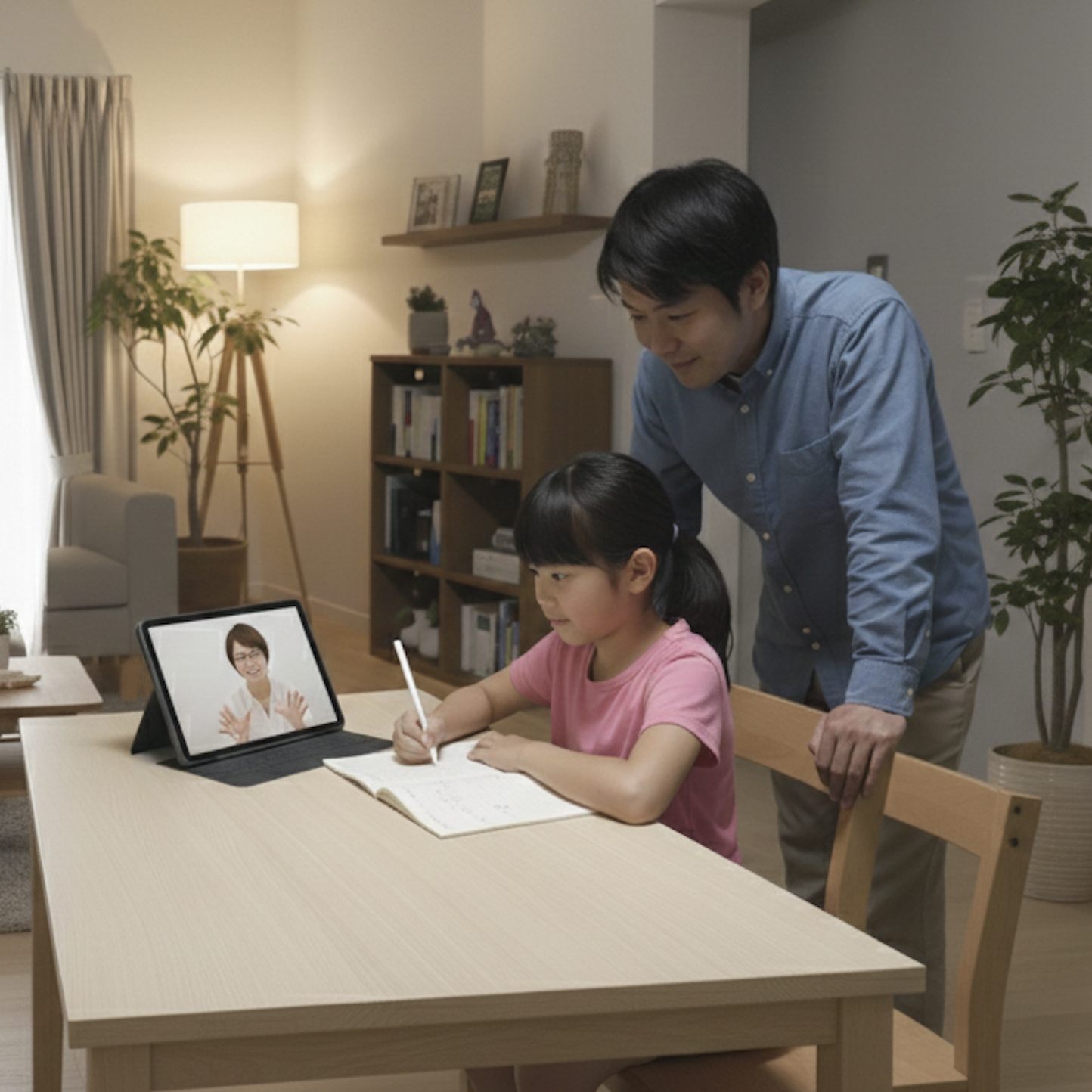 リビングでオンライン授業を受ける女の子