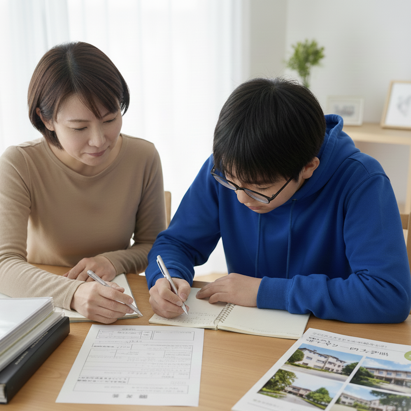 願書を書いている親子